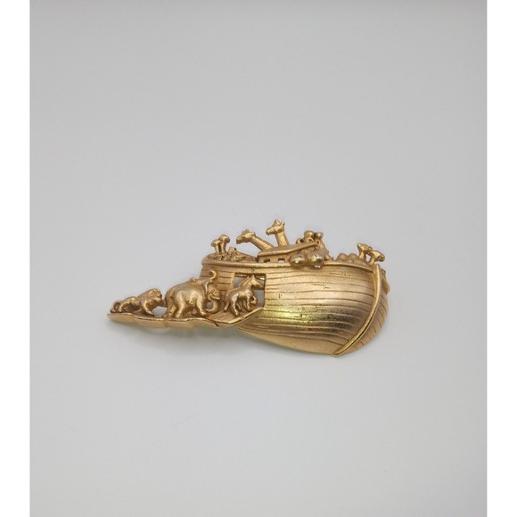 AJC Noahs Ark Gold Tone Animal Boat Brooch Pin Signed Vintage - Picture 1 of 10